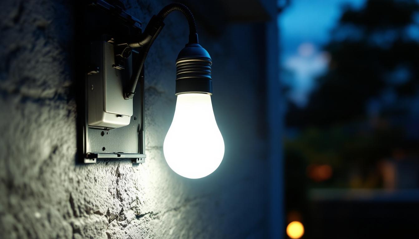 A photograph of a solar light bulb with an attached solar panel installed in a well-lit outdoor setting
