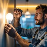A photograph of a lighting contractor expertly installing a type s led light bulb in a modern residential setting