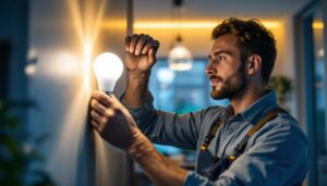 A photograph of a lighting contractor expertly installing a type s led light bulb in a modern residential setting