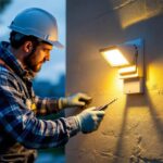 A photograph of a lighting contractor installing a mini wall pack in an outdoor setting