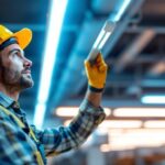 A photograph of a lighting contractor installing f8t5 led tubes in a commercial space