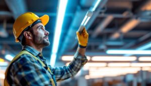A photograph of a lighting contractor installing f8t5 led tubes in a commercial space