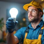 A photograph of a lighting contractor installing or demonstrating a 40-watt led bulb in a residential or commercial setting