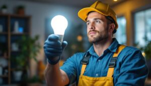 A photograph of a lighting contractor installing or demonstrating a 40-watt led bulb in a residential or commercial setting