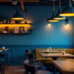 A photograph of a cozy coffee house interior featuring warm