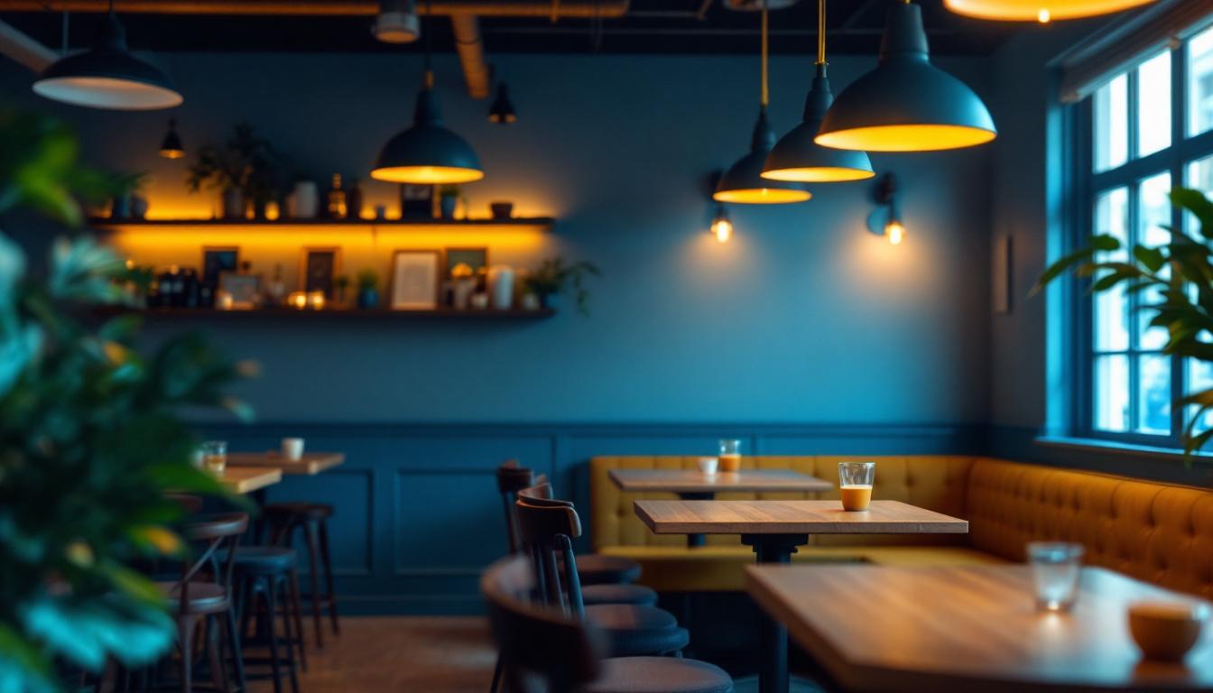 A photograph of a cozy coffee house interior featuring warm