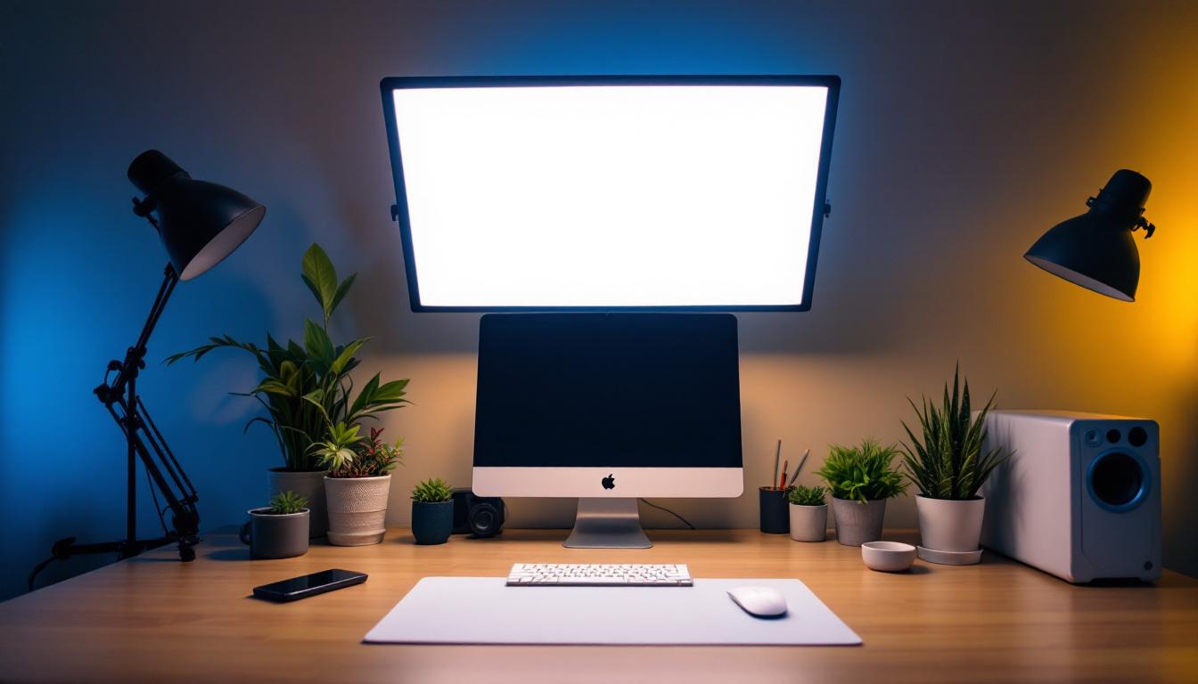 A photograph of a well-lit workspace featuring a 2x4 light panel in action