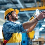 A photograph of a lighting contractor efficiently installing energy-saving led fixtures in a modern industrial workspace