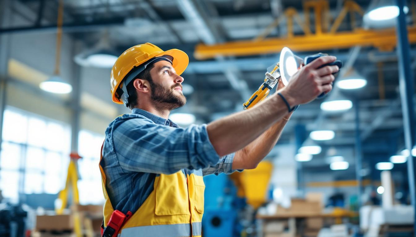 A photograph of a lighting contractor efficiently installing energy-saving led fixtures in a modern industrial workspace