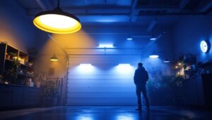 A photograph of a well-lit garage showcasing various lighting fixtures