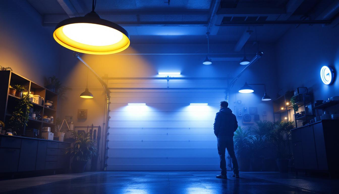 A photograph of a well-lit garage showcasing various lighting fixtures