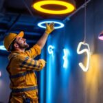 A photograph of a lighting contractor skillfully installing shaped led lights in a modern interior space