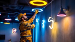 A photograph of a lighting contractor skillfully installing shaped led lights in a modern interior space