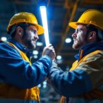 A photograph of a lighting contractor expertly installing industrial led strip lights in a large warehouse setting