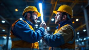 A photograph of a lighting contractor expertly installing industrial led strip lights in a large warehouse setting