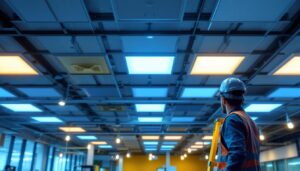 A photograph of a well-lit commercial space featuring flat panel led lights in a 2x4 configuration