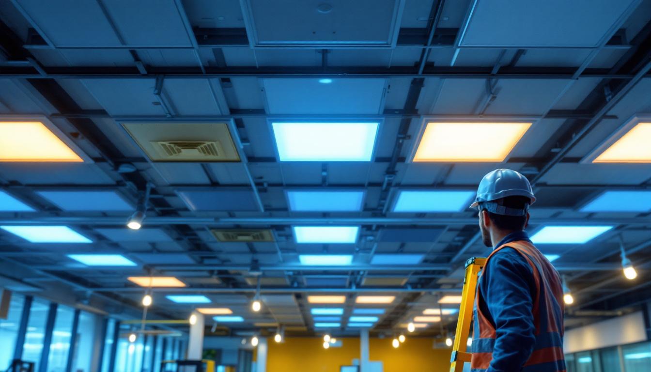 A photograph of a well-lit commercial space featuring flat panel led lights in a 2x4 configuration