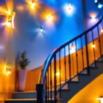 A photograph of a skilled lighting contractor assessing a beautifully lit staircase