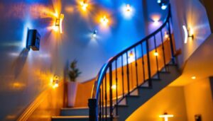 A photograph of a skilled lighting contractor assessing a beautifully lit staircase