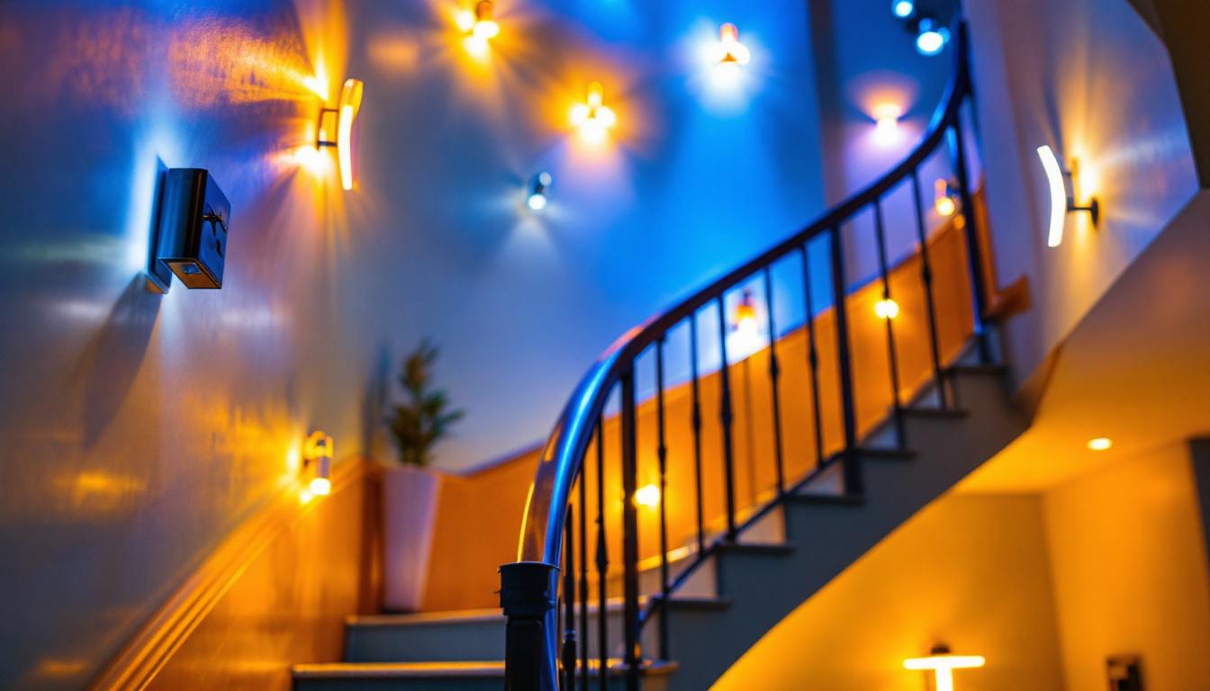 A photograph of a skilled lighting contractor assessing a beautifully lit staircase