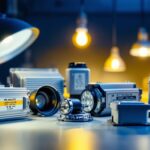 A photograph of a close-up view of various types of lighting ballasts