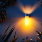 A photograph of a beautifully illuminated outdoor wall fixture in a picturesque setting