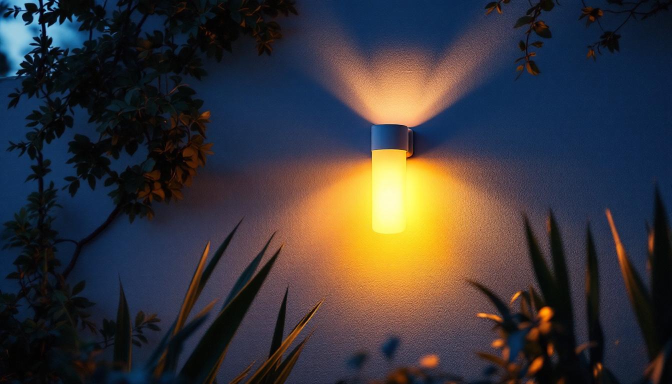 A photograph of a beautifully illuminated outdoor wall fixture in a picturesque setting