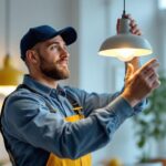 A photograph of a skilled lighting contractor installing or showcasing a stylish and modern light fixture in a well-lit