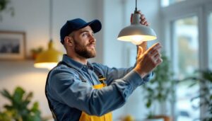 A photograph of a skilled lighting contractor installing or showcasing a stylish and modern light fixture in a well-lit