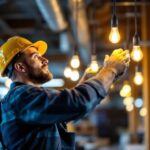 A photograph of a lighting contractor expertly installing t8 led bulbs in a commercial setting