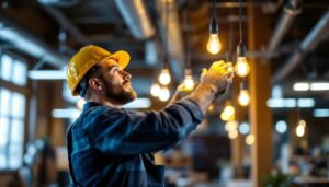 A photograph of a lighting contractor expertly installing t8 led bulbs in a commercial setting