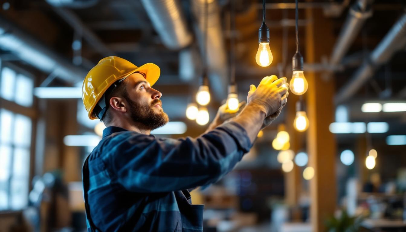 A photograph of a lighting contractor expertly installing t8 led bulbs in a commercial setting