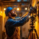 A photograph of a skilled lighting contractor at work