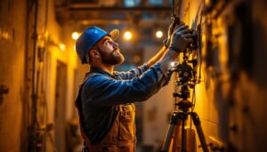 A photograph of a skilled lighting contractor at work