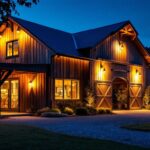A photograph of a beautifully lit exterior barn featuring various stylish barn lighting fixtures