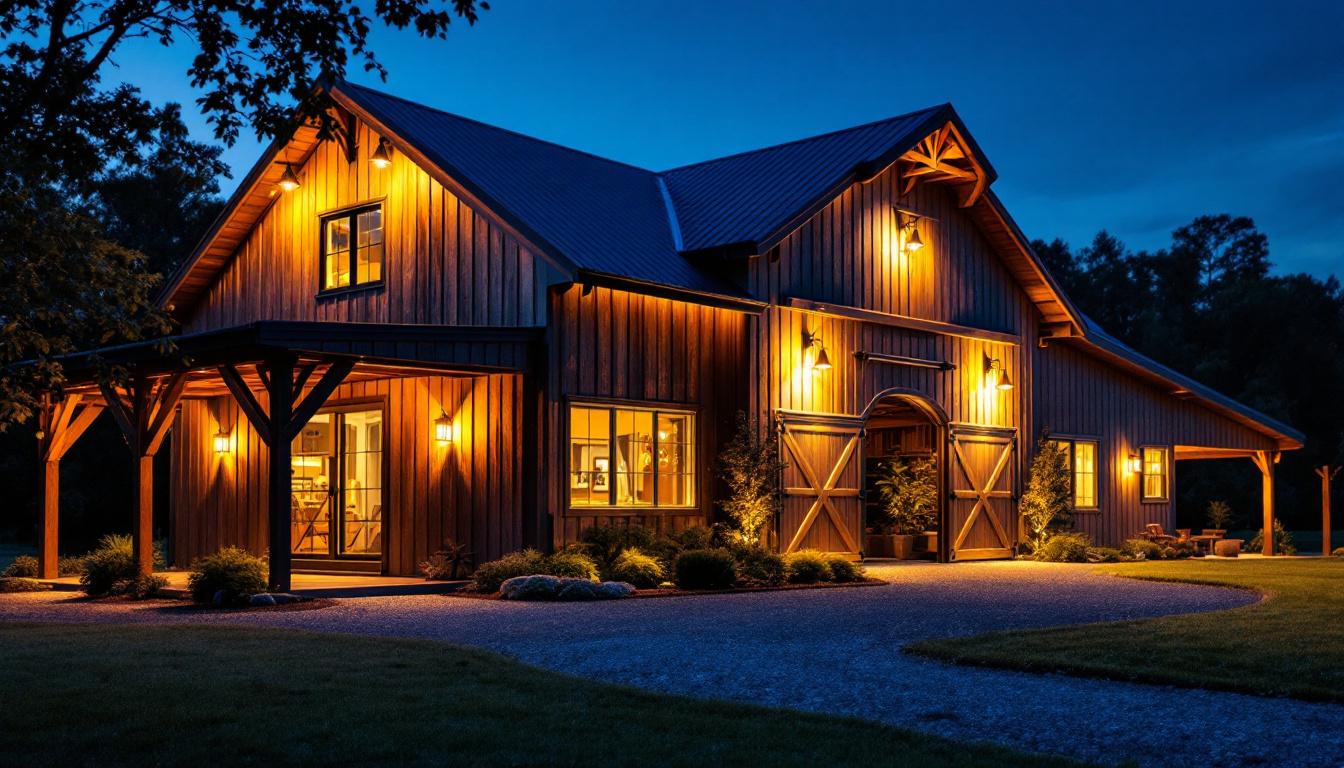 A photograph of a beautifully lit exterior barn featuring various stylish barn lighting fixtures