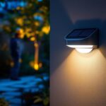 A photograph of a well-lit outdoor scene showcasing a stylish wall-mounted solar light illuminating a pathway or garden area