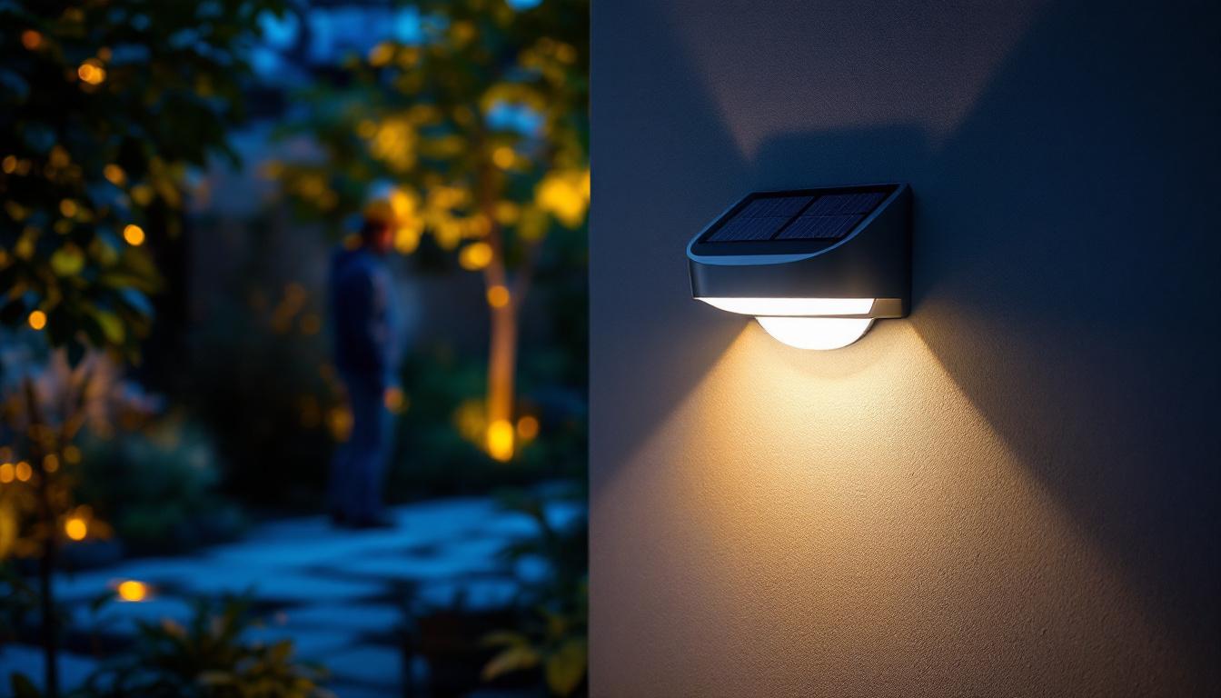 A photograph of a well-lit outdoor scene showcasing a stylish wall-mounted solar light illuminating a pathway or garden area