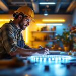 A photograph of a lighting contractor working with vibrant led strip lights in a well-lit space