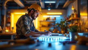 A photograph of a lighting contractor working with vibrant led strip lights in a well-lit space