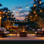 A photograph of a beautifully illuminated patio at dusk