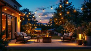 A photograph of a beautifully illuminated patio at dusk