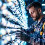 A photograph of a skilled lighting contractor carefully inspecting a vibrant array of st bulb light fixtures in a well-lit workspace