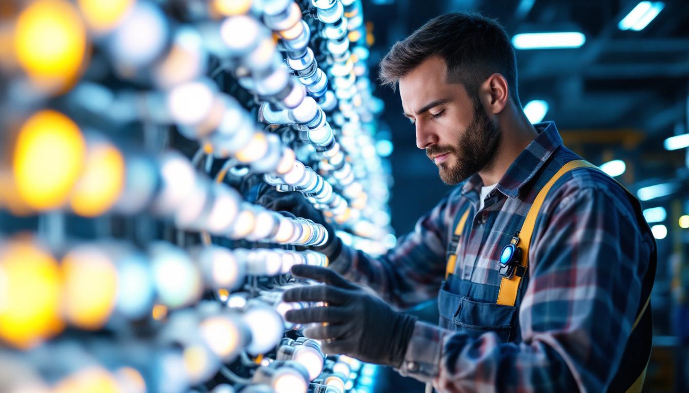 A photograph of a skilled lighting contractor carefully inspecting a vibrant array of st bulb light fixtures in a well-lit workspace