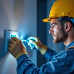 A photograph of a skilled lighting contractor installing or inspecting an electric wall outlet in a modern home setting
