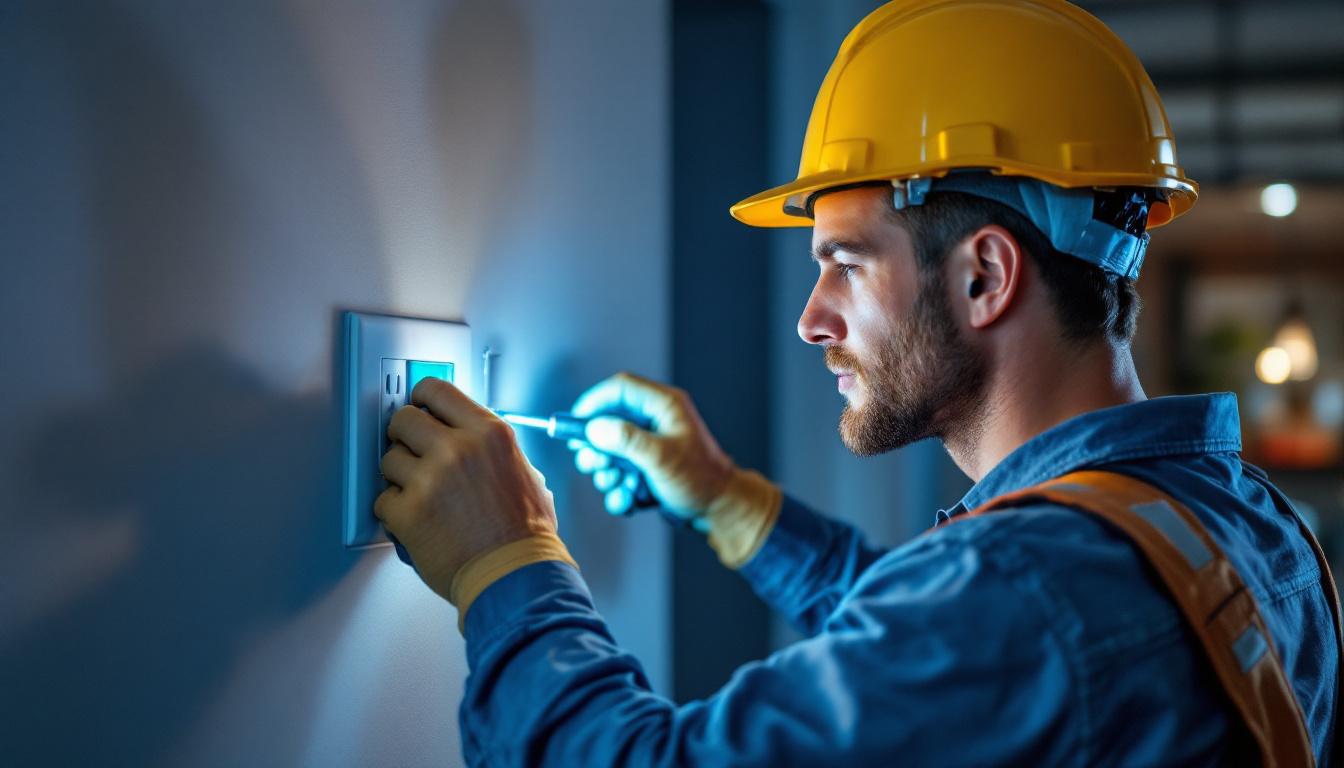 A photograph of a skilled lighting contractor installing or inspecting an electric wall outlet in a modern home setting