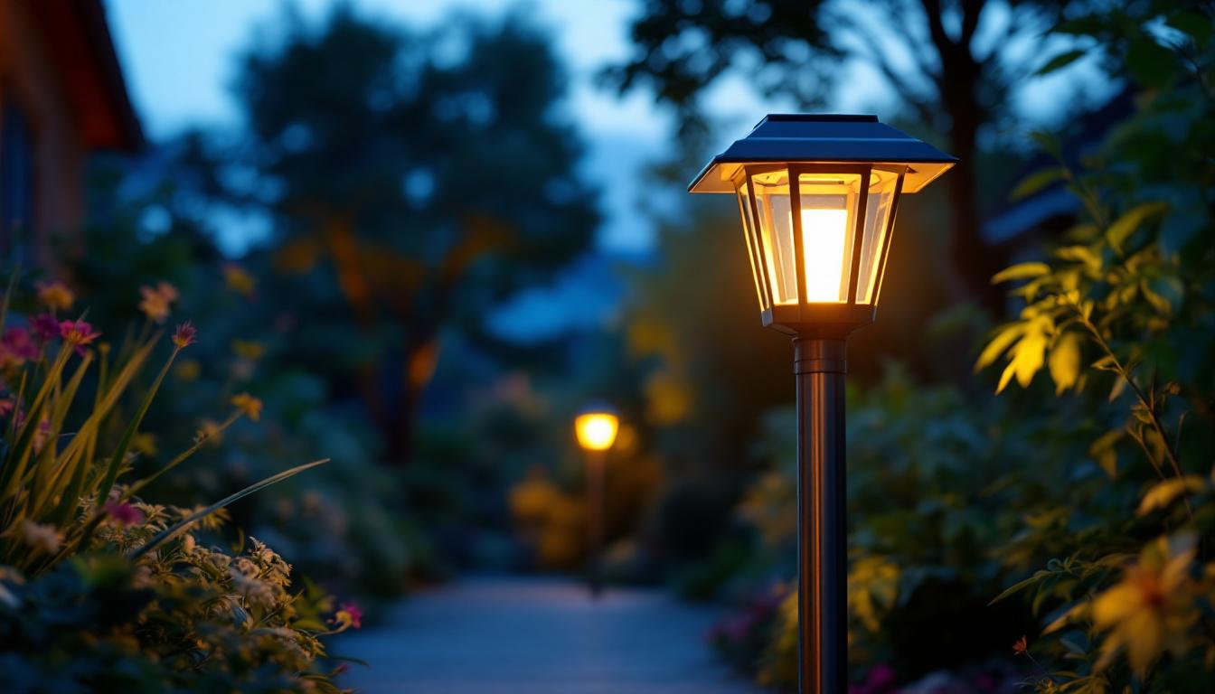 A photograph of a beautifully lit solar pole lantern illuminating a pathway or garden setting at dusk