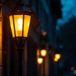 A photograph of an elegantly lit gas lamp in a dimly lit street setting