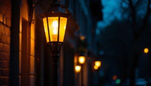 A photograph of an elegantly lit gas lamp in a dimly lit street setting