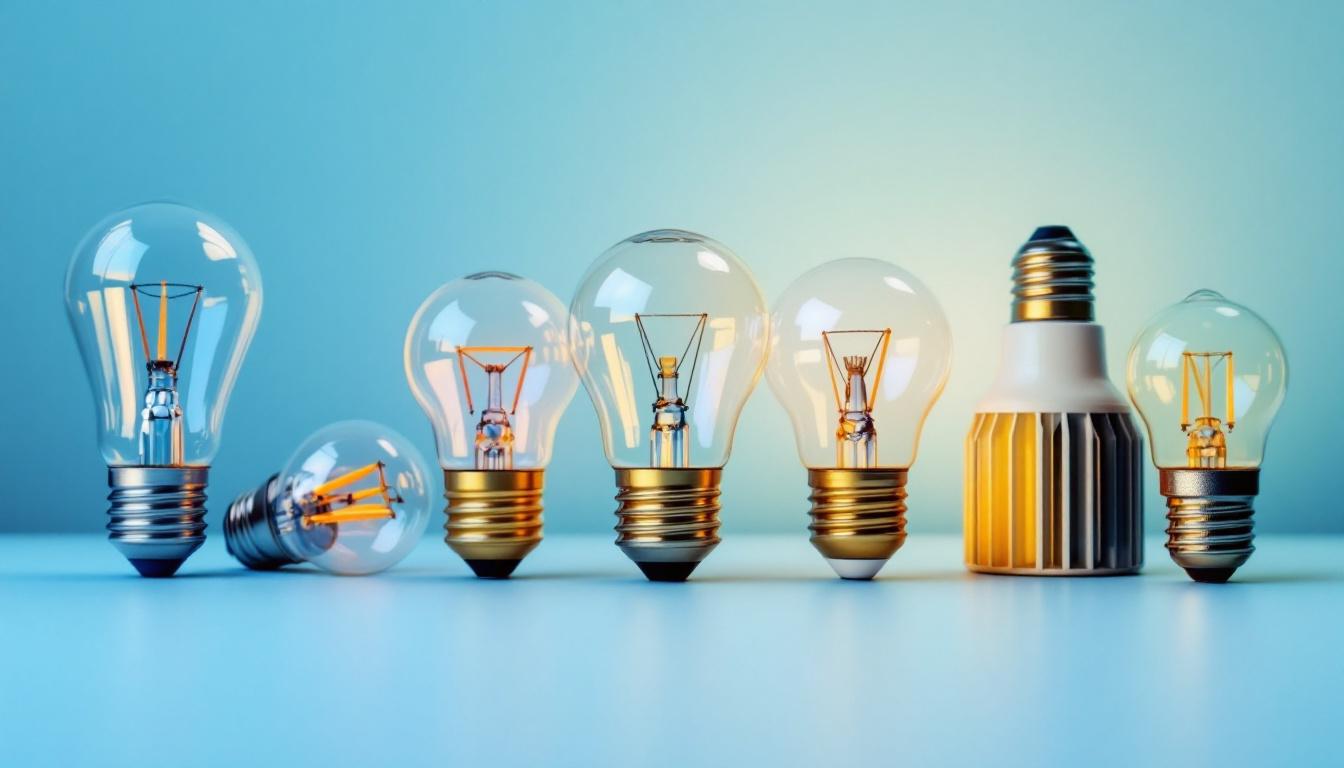 A photograph of a close-up shot of various light bulb bases